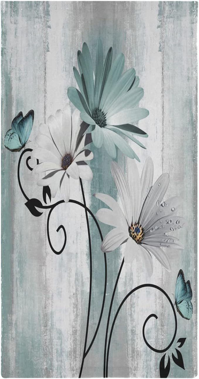 Hand Towels for Bathroom Set of 2 Farm Teal White Daisy Floral Flowers Butterfly on Country Wooden Soft Absorbent Small Bath Towels Decorative Kitchen Guest Dish Towel for Spa,Hotel 28x14in