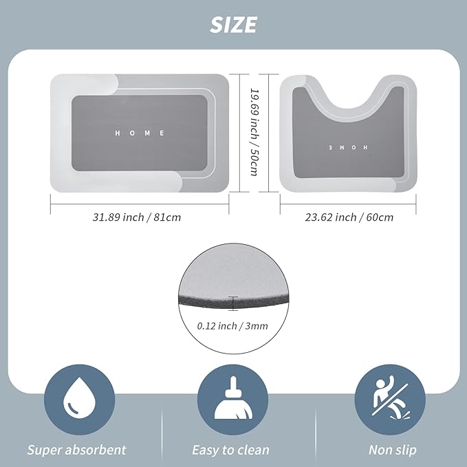 2PCS Absorbent Bath Mat Magic Rug Sets, Quick Drying Bath Mat Non-Slip Floor Rug Rubber Backed for Bathroom Kitchen Shower Sink, Water Absorbent (19.7''x23.6''+19.7''x31.9'', Light Gray)