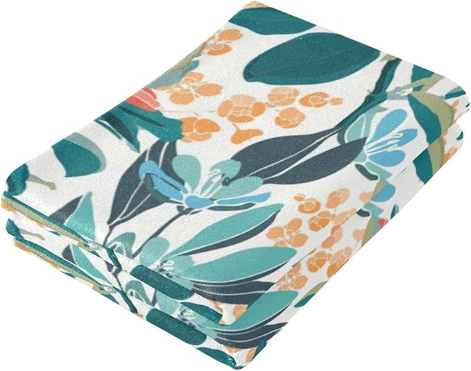 2 Pcs Teal Orange Boho Floral Hand Towels for Bathroom,Soft Absorbent Turquoise Blue Leave Coral Flower Dish Towels for Kitchen,Quick Dry Decorative Bathroom Towels for Face,Shower 14"x28"