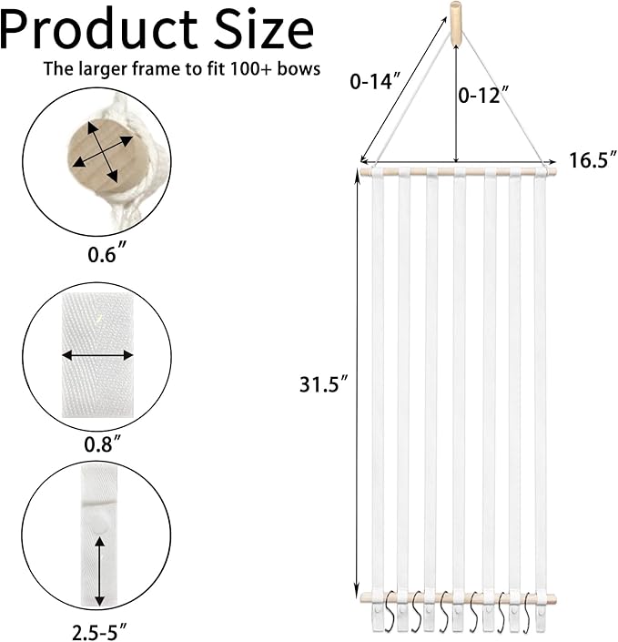 48.5" X 16.5" Bow Holder for Girls Hair Bows, Baby Bow Holder w/7 Cotton Ribbons, 6 Plastic Hooks, 1 Seamless Hook & 1 Wooden Wall Hook, Hair Bow Organizer for Girls