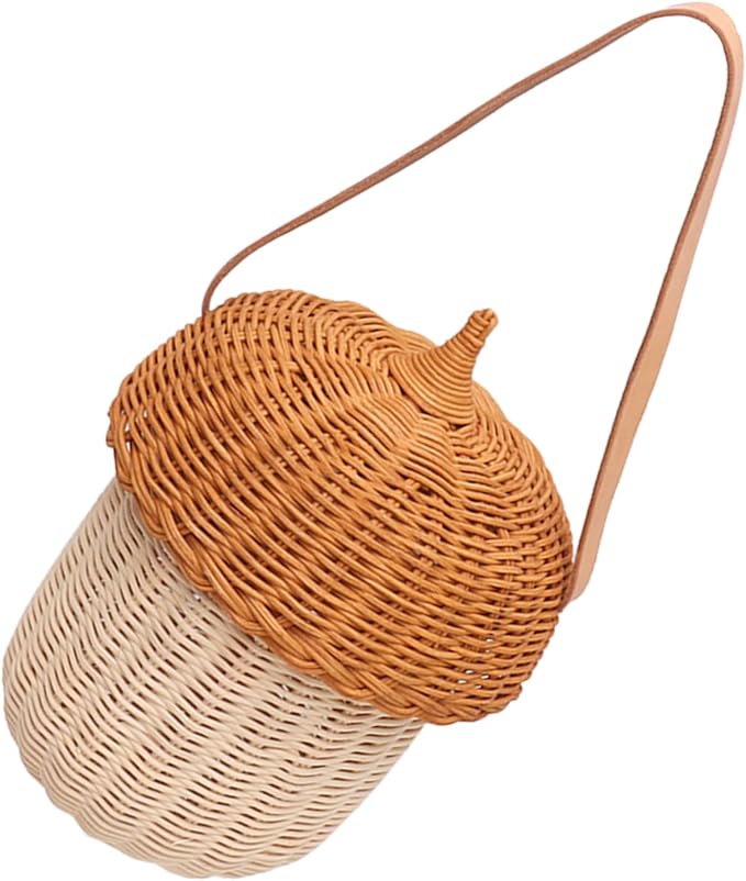 Fdit Kids Rattan Storage Basket Bag, Hand Woven Pine Cone Shaped Basket for Boys Girls Home Decor Storage Box Photography Props (Large Handbag)