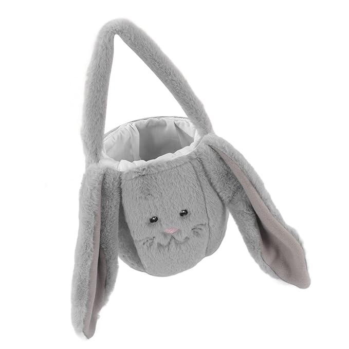 Plush Easter Bunny Basket, Children Easter Basket, Cute Cartoon Long Ears Bunny Egg Basket with Soft Plush Material, Perfect for Easter Egg Hunt and Festive Decorations (Light Grey)