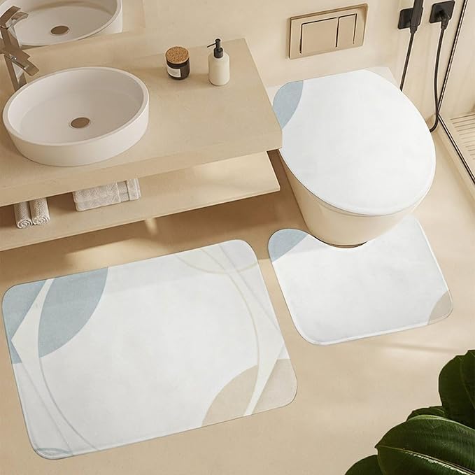 4 Piece Bathroom Rug Set with Shower Curtain, Non-Slip Bath Mat Toilet Cover Set, Geometric Grids Bathroom Rug Sets