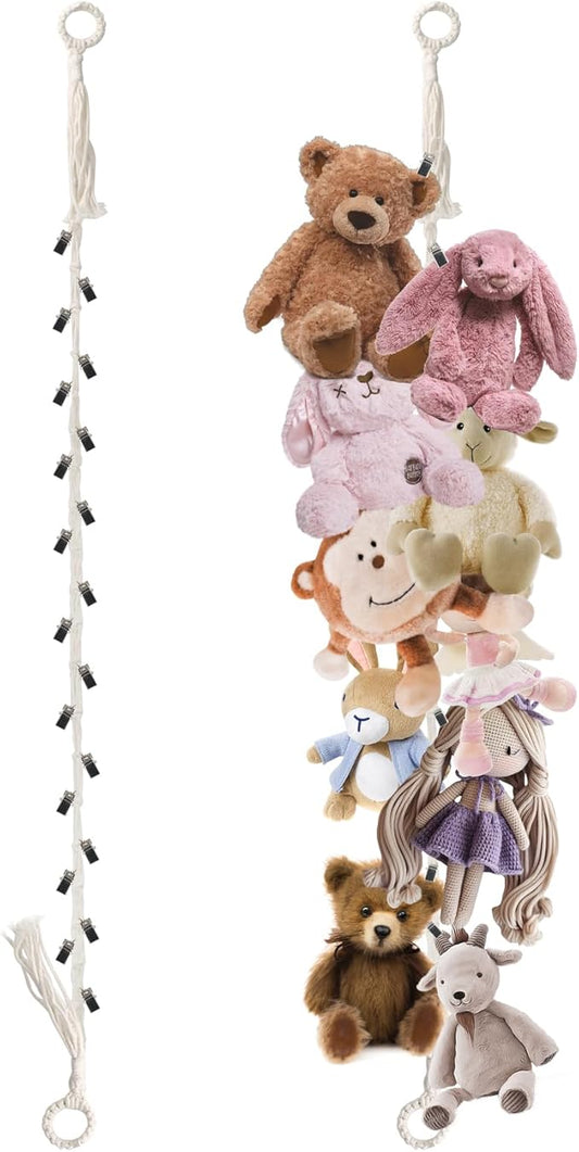 Munzong 80" Beige Hanging Stuffed Animal Storage Chain, Cotton Stuffed Animal Display Holder Plush Qrganizer with 20 Metal Clips for Nursery Room Corner Wall Decor Play Room