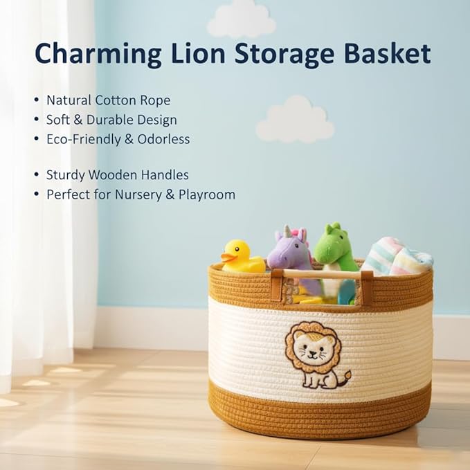 Large Blanket Basket 35L Cotton Rope Basket with Wooden Handles Woven Baskets for Kids Babies and Toddlers Stuffed Toys Storage for Nursery, Laundry Hamper Baby Hamper Boys Gift Baskets Empty