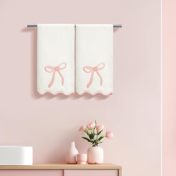 2 Pcs White Pink Scalloped Hand Towels for Bathroom 26 x 13 Embroidery Coquette Bow Hand Towels 100% Cotton Soft Absorbent Boho Bath Decor for Kitchen Bathroom
