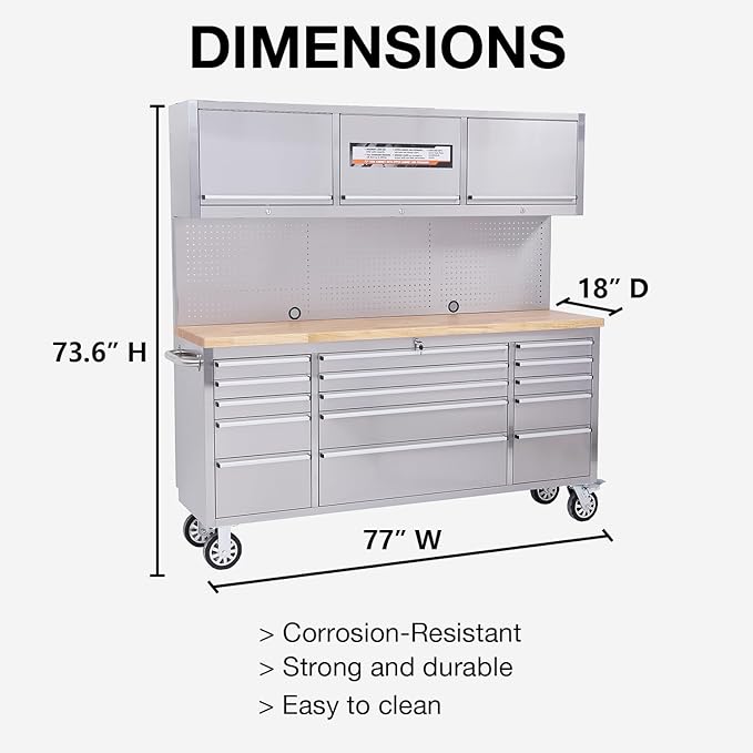 SINDA 72 Inch Rolling Tool Chest Tool Box Mobile Tool Workbench Garage Tool Storage Cabinet Large Rolling Lockable Tool Box with Wood Top, 15 Drawers + 3 Upper Cabinets