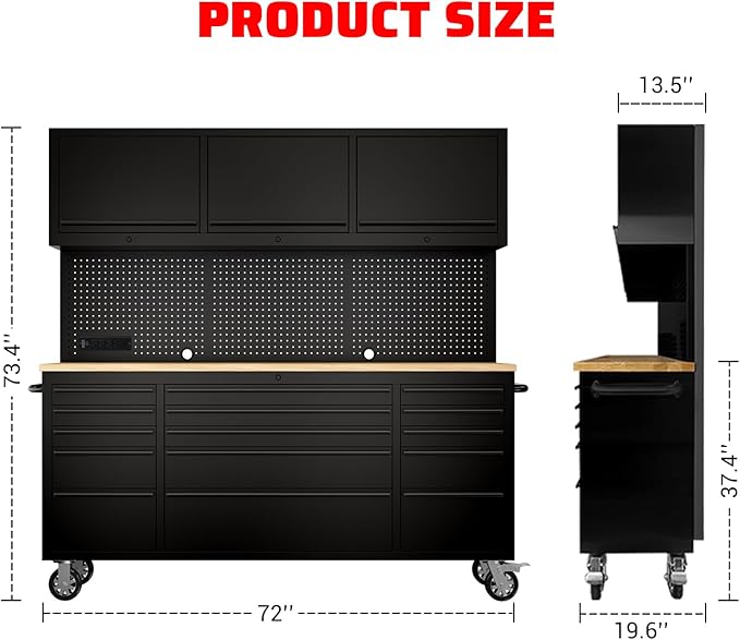 SINDA 72-inch Rolling Tool Cabinet Mobile Workbench Tool Chest with 15 Storage Drawers, Wheels, 3 Uper Cabinet, Outlet, SS Pegboard Black