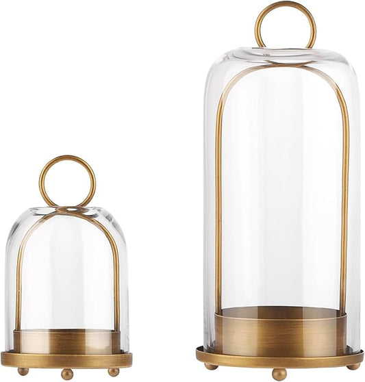 5" & 4" Wide Versatile Metal Candle Holder in Antique Brass with Handmade Thick, Heavy & Sturdy Glass Dome for Pillar Candle, Industrial, Modern, Shelf, Mantel, Veranda, Porch (Brass)