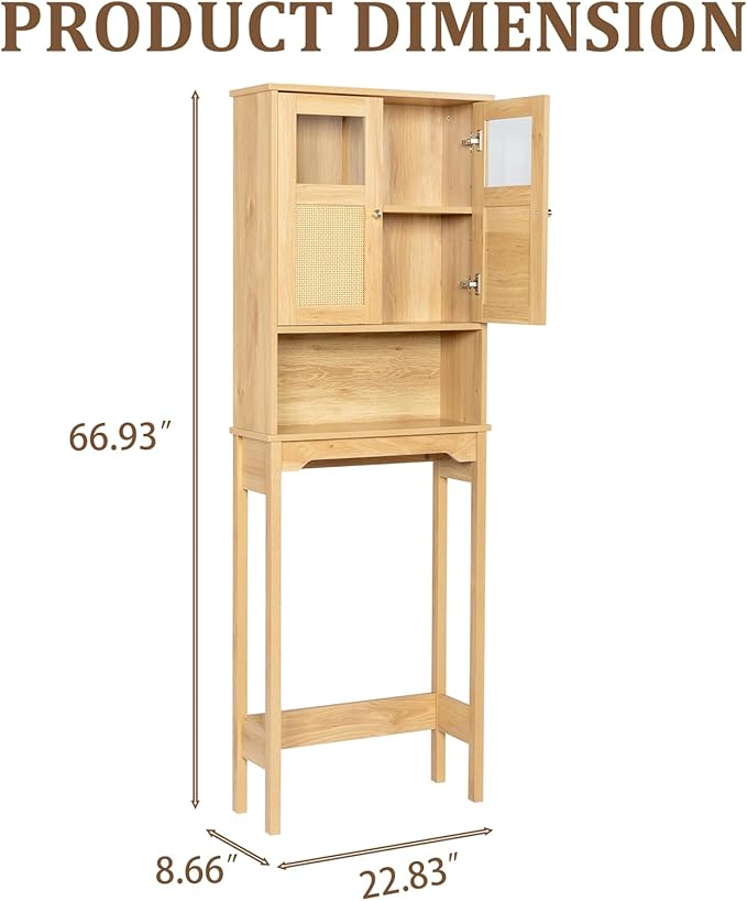 Karl home Over The Toilet Storage Cabinet Bathroom Organizer Over Toilet Free Standing Above Toilet Rack with Adjustable Shelf, Open Shelf, Acrylic Glass Doors, Wood