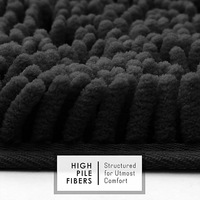 Hearth & Harbor Bathroom Rugs, Chenille Bath Mat - Machine Washable Bath Mats for Bathroom Non-Slip Backing Rubber, Quick Dry Bathroom Mat - Black 24x36