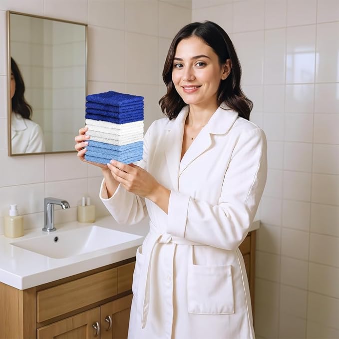 100% Cotton Washcloth Set – Soft, Absorbent Face Towels for Bathroom & Gym Use – Durable & Reusable Wash Cloths - (Blue, White and Navy (12x12), (Pack of 12)