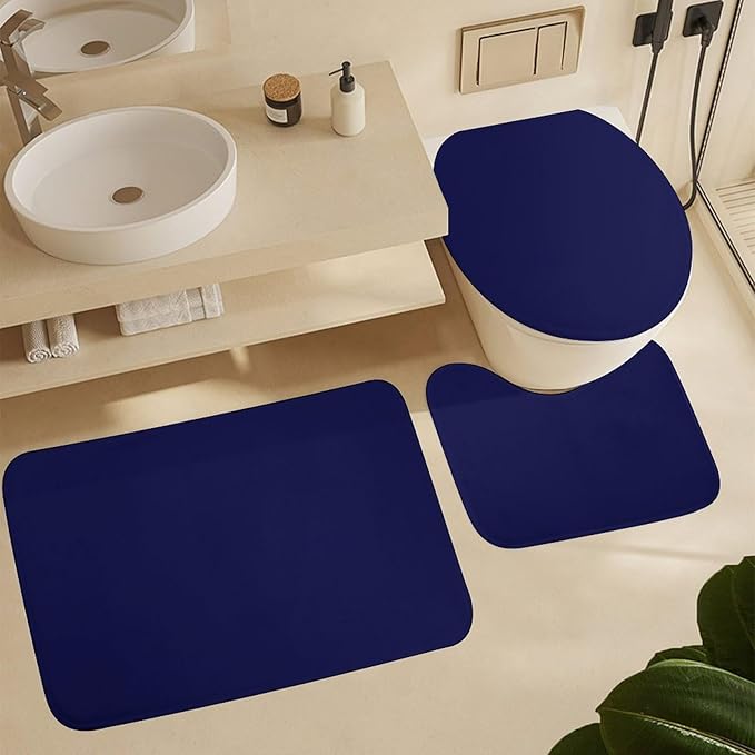 3 Pieces Bath Rug Sets, Solid Navy Blue Bathroom Mat Set Non Slip U Shaped Contour Rug & Toilet Lid Cover