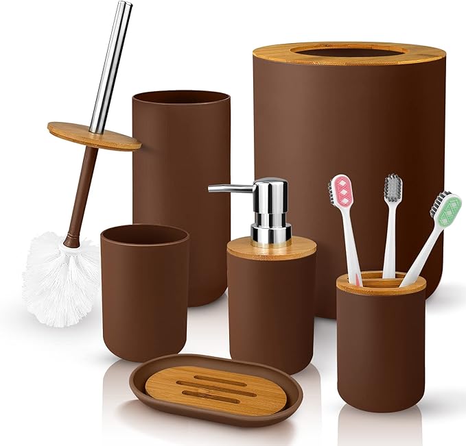 6 Pcs Bamboo and Plastic Bathroom Accessories Sets, Includes Toothbrush Cup, Toothbrush Holder, Soap Dispenser, Soap Dish, Toilet Brush with Holder, Trash Can, with 3 Pcs Toothbrushes (Brown)