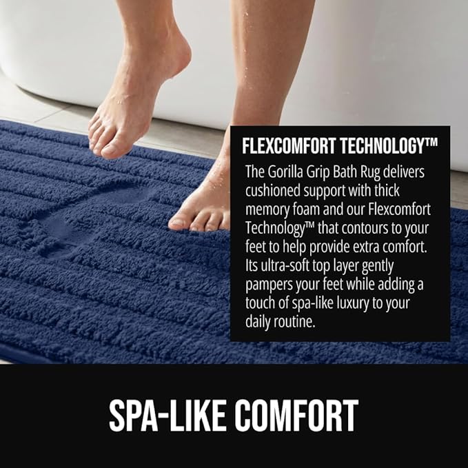 GORILLA GRIP Textured Backing Bathroom Rugs, Soft Memory Foam Absorbent Striped Bath Mats, Machine Washable & Fade Resistant, Bathmat Accessories for Floor, Home Decor Shower Essentials, Navy 30x18