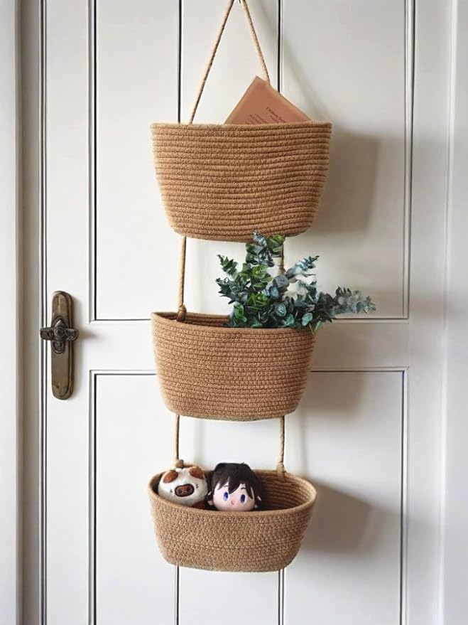 Over The Door Hanging Basket, 3 Tier Cotton Rope Woven Wall Basket, Magazine Racks Hanging Organizer, Decorative Hanging Storage Baskets for Organizing Living Room, Bathroom and Bedroom (Brown)