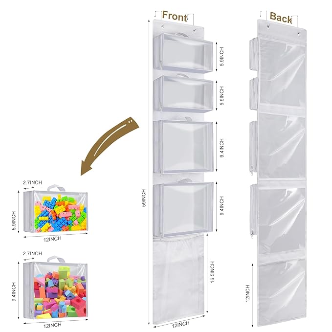 Over Door Organizer and Storage, Hanging Toy Holder with 4 Clear Removable Pouches, Toddler Room Wall Stuffed Animal Bag Case, Kids Playroom Closet Organization for Building Block, Puzzle