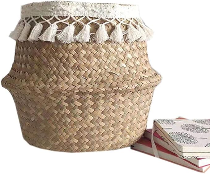 Algae Basket Basket Basket Woven Straw Folding Algae Belly Basket Plant Pot Nursery Cosmetic Bag Hand Made Basket for Storage, Laundry Medium XL