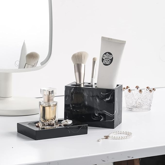5-Piece Bathroom Counter Top Accessory Set - Dispenser for Liquid Soap or Lotion, Soap Dish, Toothbrush Holder and 2 Tumblers, Marble Pattern Resin (Ink White)