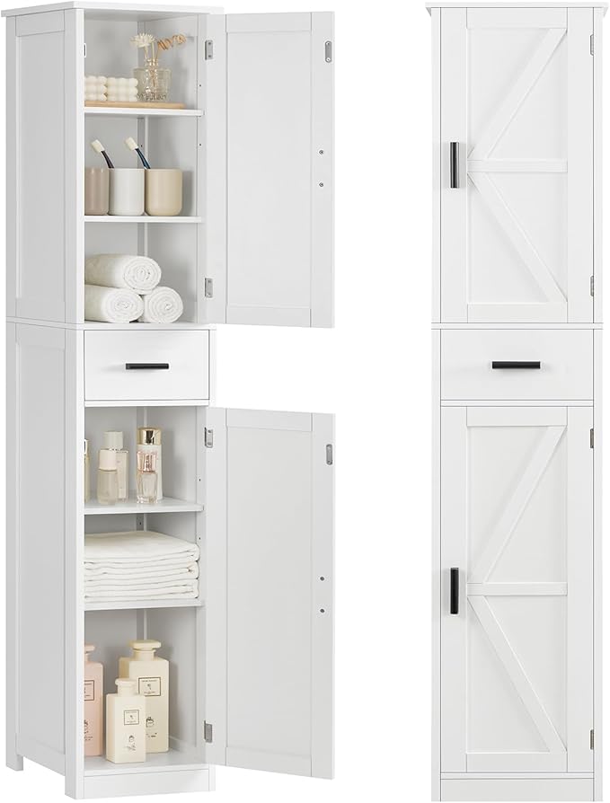 WEENFON 67 Tall Bathroom Cabinet with 6 Shelves & 1 Drawer, Narrow Storage Cabinet with Adjustable Shelves, Silm Cabinet for Living Room, Kitchen, White