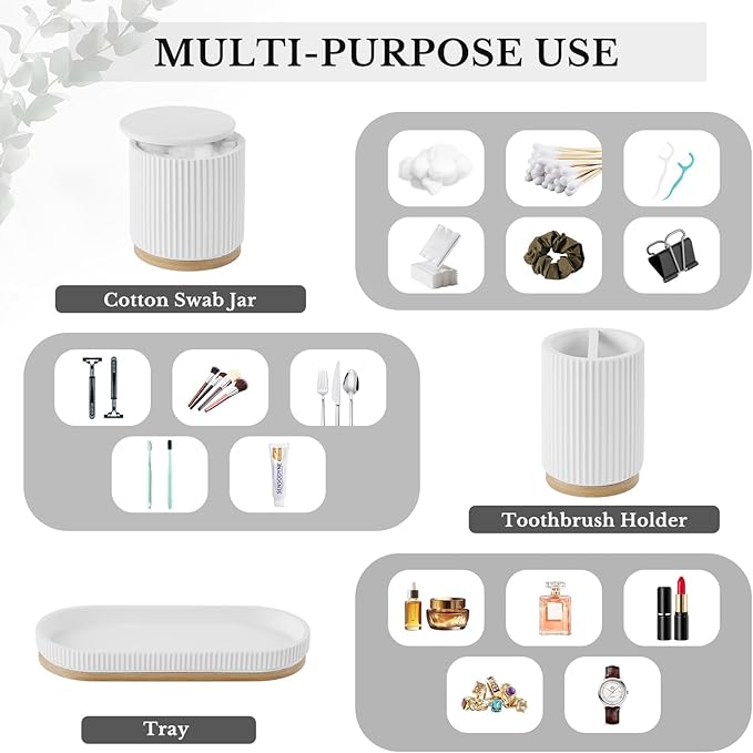 7PCS Bathroom Accessories Set, with Soap Dispenser, Q-tip Holder, Toothbrush Holder, Tumbler, Soap Dish, Vanity Tray, Bathroom Set Complete Organizer Countertop for Modern Decor, White