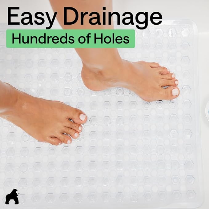 GORILLA GRIP Patented Square Shower Stall Mat, Small Bathtub Floor Mats for Stand Up Showers, Suction Cups and Drainage Holes, Machine Wash, Soft on Feet, Bathroom Accessories 21x21 Inch, 2 Pack Clear