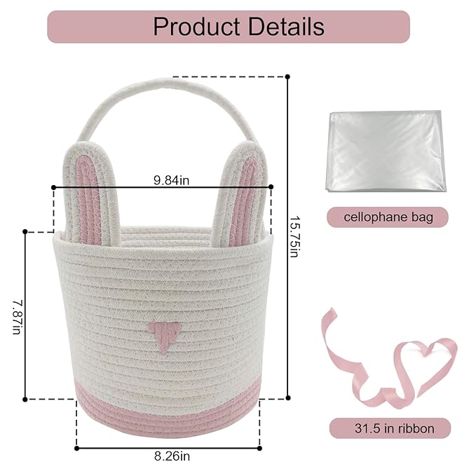 2 Pack Large Woven Easter Baskets for Kids - Boy & Girl Options, Empty Basket with Gift Bags and Ribbons Cute Easter Decorations Bunny Ears Designs (Pink+Blue)