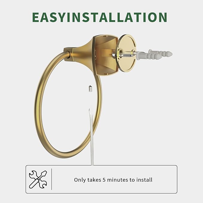Hand Towel Holder for Bathroom Brushed Gold Towel Ring Stainless Steel and Zinc Alloy Towel Hanger Wall Mount for Bath, Kitchen