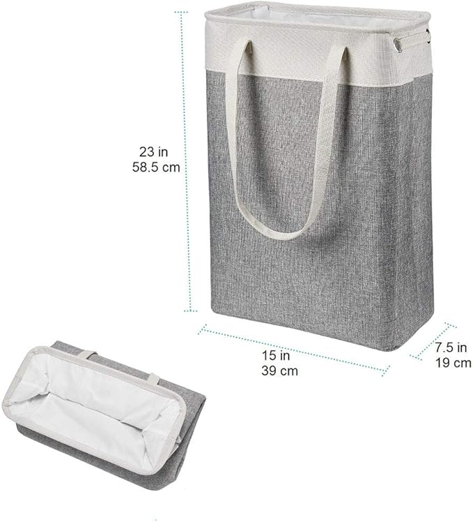 i BKGOO Laundry Basket with Handles Beige&Grey-Slim Laundry Bin Collapsible Dirty Clothes Basket Narrow Laundry Bag Foldable Dirty Hamper for Camping, Dorms, Apartments