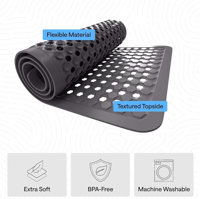 GORILLA GRIP Patented Bath Tub Shower Mat, Machine Washable Bathtub Floor Liner Mats, Suction Cups and Drain Holes to Keep Tubs Clean, Soft on Feet, Bathroom Essentials, 35x16 Inch, Charcoal Opaque