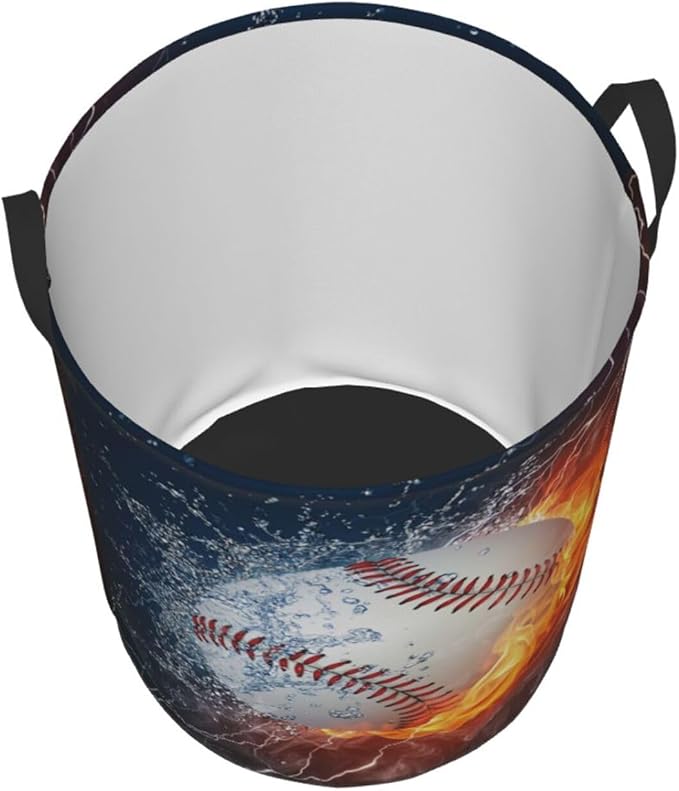 Sport Baseball Ball In Fire And Water Round Laundry Hamper Storage Basket Toys Clothes Organizer Bin For Home Bathroom Bedroom Dorm Nursery, 62l