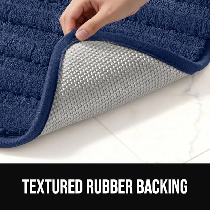 GORILLA GRIP Textured Backing Bathroom Rugs, Soft Memory Foam Absorbent Striped Bath Mats Set of 2, Machine Washable Fade Resistant, Floor Bathmat, Home Decor Shower Essentials, Navy 24x16 and 30x18