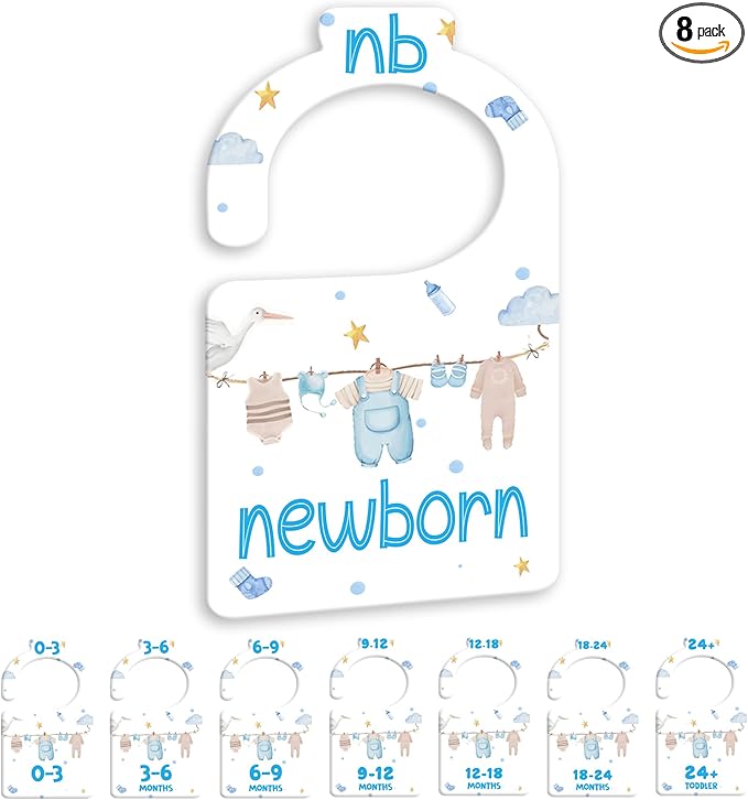 JMOST Boy Baby Closet Dividers for Nursery Closet Organizer, Newborn to 24 Months Size Clothes, Bule Hangers with Size Dividers, Double Sided