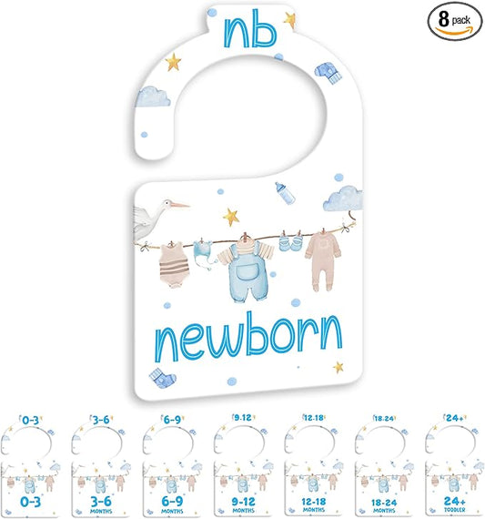 JMOST Boy Baby Closet Dividers for Nursery Closet Organizer, Newborn to 24 Months Size Clothes, Bule Hangers with Size Dividers, Double Sided