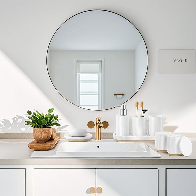 7PCS Bathroom Accessories Set, with Soap Dispenser, Q-tip Holder, Toothbrush Holder, Tumbler, Soap Dish, Vanity Tray, Bathroom Set Complete Organizer Countertop for Modern Decor, White