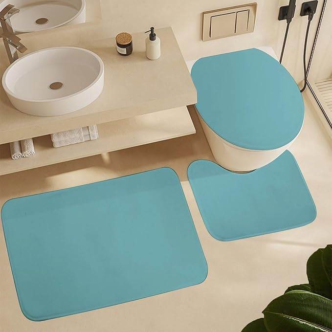 3 Pieces Bath Rug Sets, Retro Blue Trend Color Bathroom Mat Set Non Slip U Shaped Contour Rug & Toilet Lid Cover