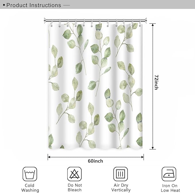 Green Eucalyptus Leaves Bathroom Shower Curtain Nature Plants Watercolor Leaf Shower with Hooks Polyester Waterproof Fabric Aesthetics Home Decor, 60x70 Inch