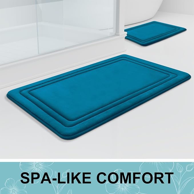 Grandaily Memory Foam Bath Mat Rug 24x16, Ultra Soft, Non-Slip and Absorbent Bathroom Rugs, Machine Wash Dry, Comfortable Bath Carpet for Bathroom Floor, Tub and Shower, Peacock Blue