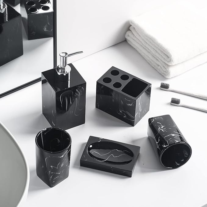 5-Piece Bathroom Counter Top Accessory Set - Dispenser for Liquid Soap or Lotion, Soap Dish, Toothbrush Holder and 2 Tumblers, Marble Pattern Resin (Ink Black)