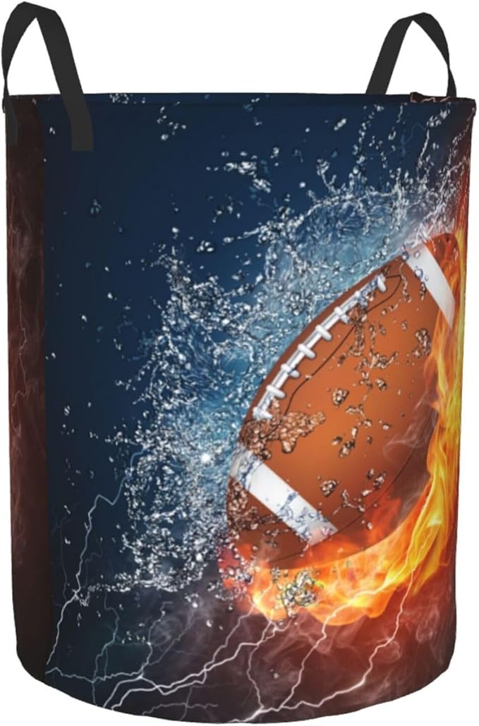 American Football Ball In Fire And Water Round Laundry Hamper Sport Rugby Storage Basket Toys Clothes Organizer Bin For Home Bathroom Bedroom Dorm Nursery, 62l