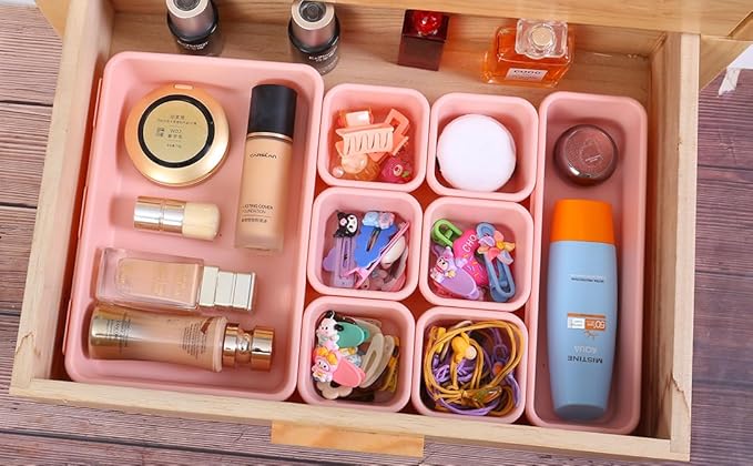 25 PCS Pink Drawer Organizer Set, 4 Size Interlocking Plastic Storage Bins for Office Supplies, Jewelry Makeup Vanity, Bathroom Kitchen, Home Organization Closet, Gadgets Small Items