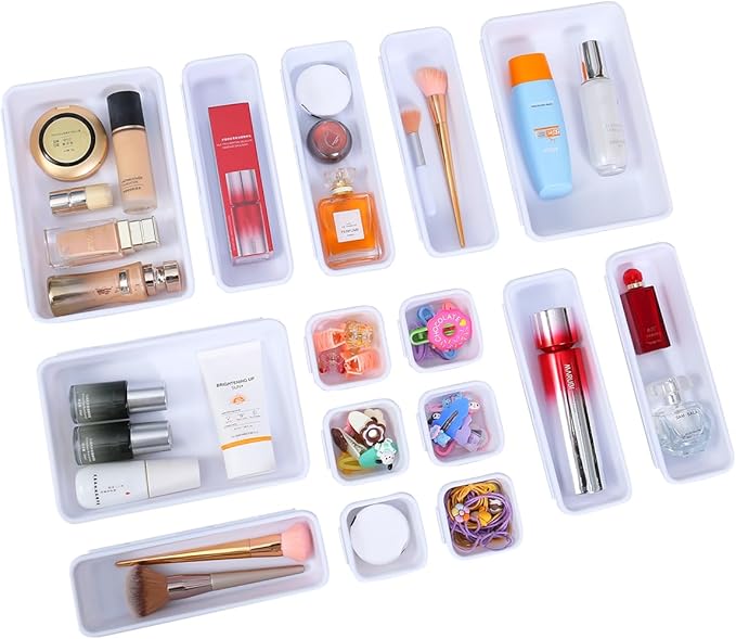 25 PCS White Drawer Organizer Set, 4 Size Interlocking Plastic Storage Bins for Office Supplies, Jewelry Makeup Vanity, Bathroom Kitchen, Home Organization Closet, Gadgets Small Items