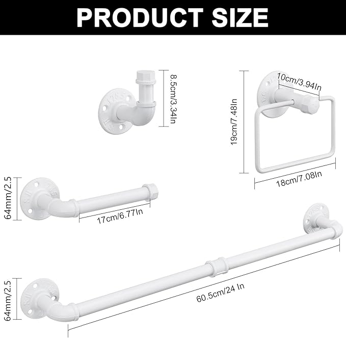 4-Pieces Industrial Pipe Bathroom Towel Ring Kit DIY Wall Mount Accessories Kit Includes Robe Hook Towel Bar and Towel Ring (White 24 inch)