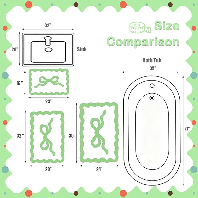 Green Bow Bath Mat - Scalloped Bow Bathroom Rug Easter Spring Room Decor Microfiber Bath Mat Water Absorbent Non Slip Shower Carpet Girls Bedroom Aesthetic Preppy Rug (Green, 16" x 24")