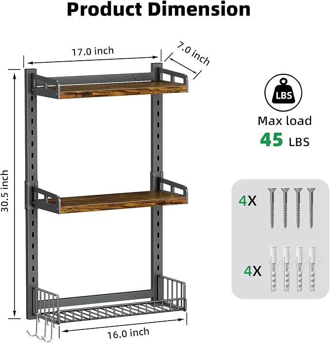 3 Tier Bathroom Shelves Over Toilet - Wall Mounted Floating Shelves with Drain Basket, Toilet Paper Storage, Height Adjustable Over The Toilet Storage, Vintage Brown