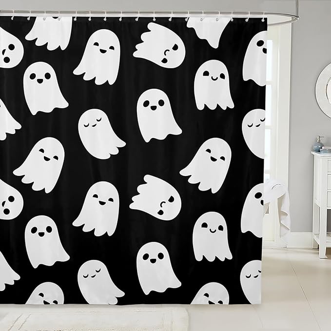 Halloween Theme Bathroom Curtains for Kids Teens Adults,Lovely Black White Shower Curtains,Cute Cartoon Ghost Bath Curtains with 12 Hooks,Waterproof,72" W x 78" L