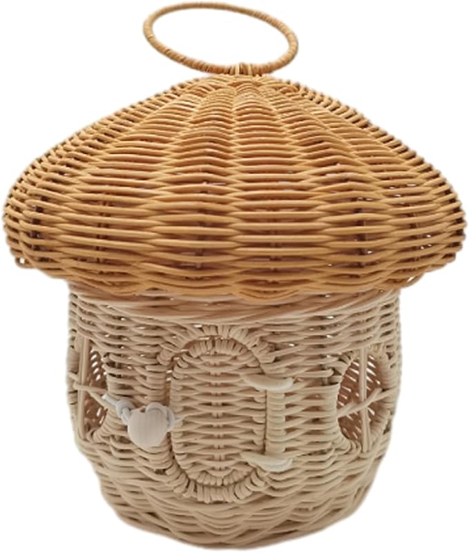 Mushroom Basket House Shaped with Lid Portable Decorative Rattan Handle Photography Props-Gifts for Kid(B25*26 * 26cm)