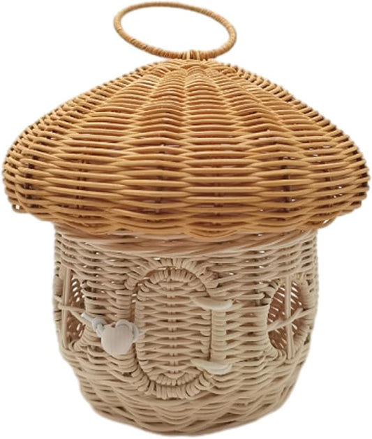 Mushroom Basket House Shaped with Lid Portable Decorative Rattan Handle Photography Props-Gifts for Kid(B25*26 * 26cm)
