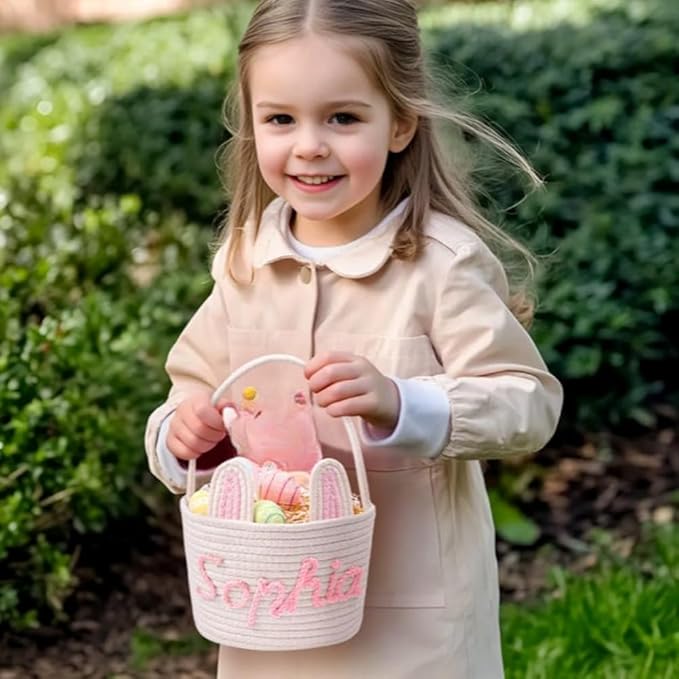 Personalized Easter Basket for Kids, Custom Name Easter Bunny Basket, Easter Egg Hunt Basket, Easter Bucket, Boy Girls Easter Basket (26x20x6cm)