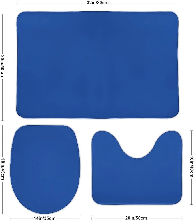 3 Pieces Bath Rug Sets, Royal Blue Trend Color Bathroom Mat Set Non Slip U Shaped Contour Rug & Toilet Lid Cover
